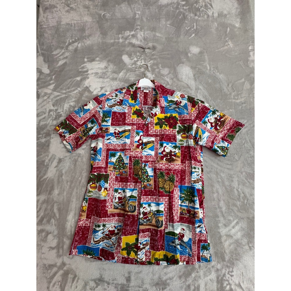 Pacific Legend Mens Red Tropical Christmas Surfing Santa Hawaiian Shirt M USA